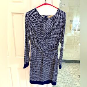 Michael Kors Navy White Geometric Twist-Waist Long Sleeve Dress